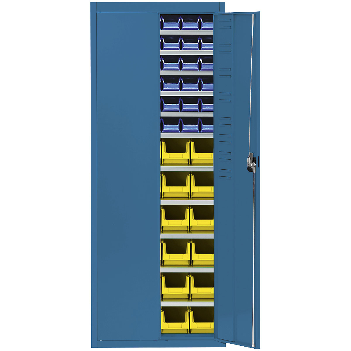 Storage cupboard with open fronted storage bins – mauser, HxWxD 1740 x 680 x 280 mm, single colour, blue, 60 bins-9