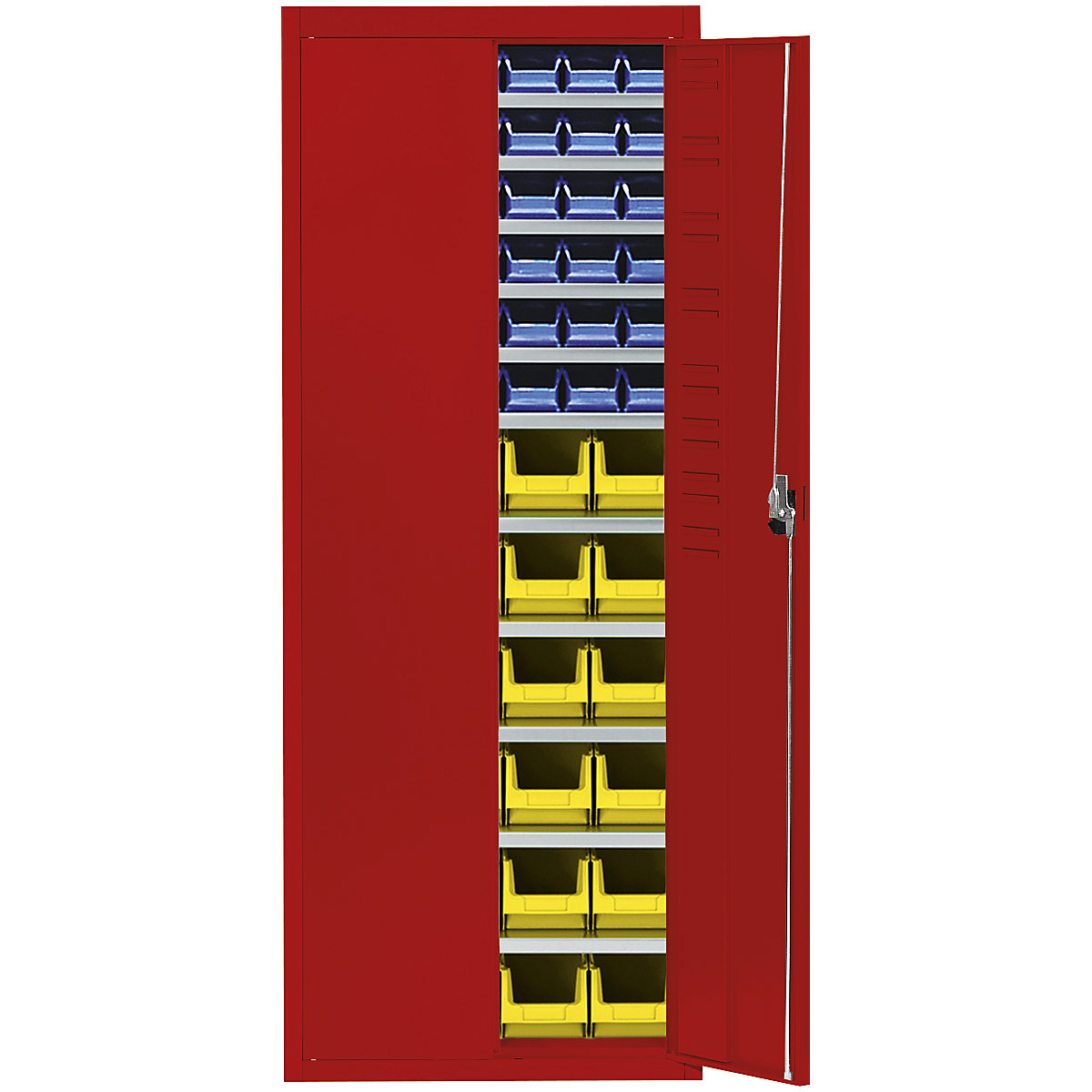 Storage cupboard with open fronted storage bins – mauser, HxWxD 1740 x 680 x 280 mm, single colour, red, 60 bins-15