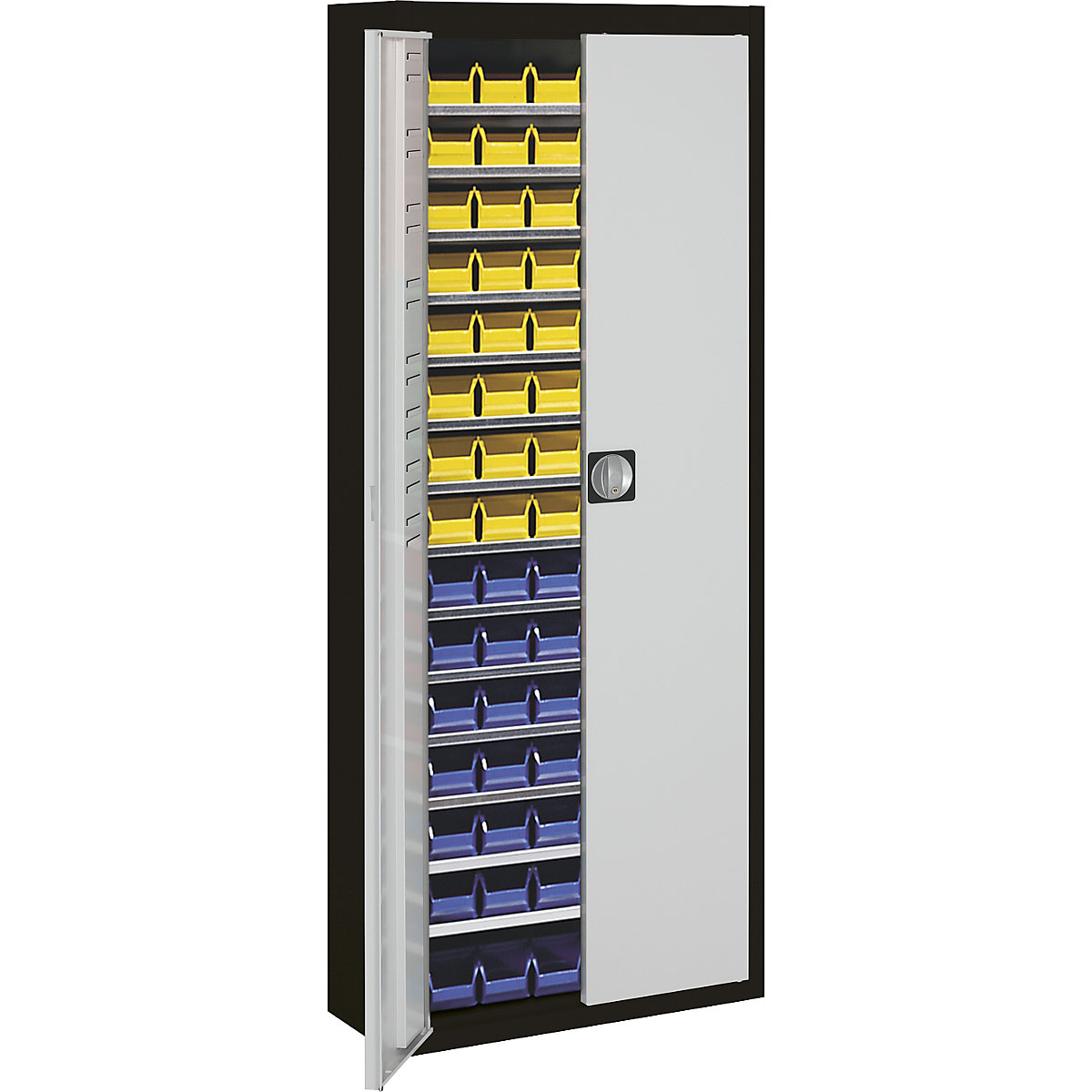 Storage cupboard with open fronted storage bins – mauser, HxWxD 1740 x 680 x 280 mm, two-colour, black body, grey doors, 90 bins-8