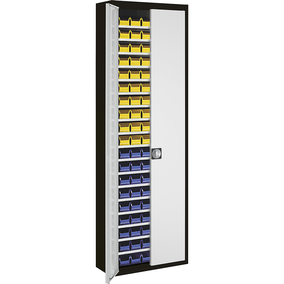 Storage cupboard with open fronted storage bins – mauser, HxWxD 2150 x 680 x 280 mm, two-colour, black body, grey doors, 114 bins-11