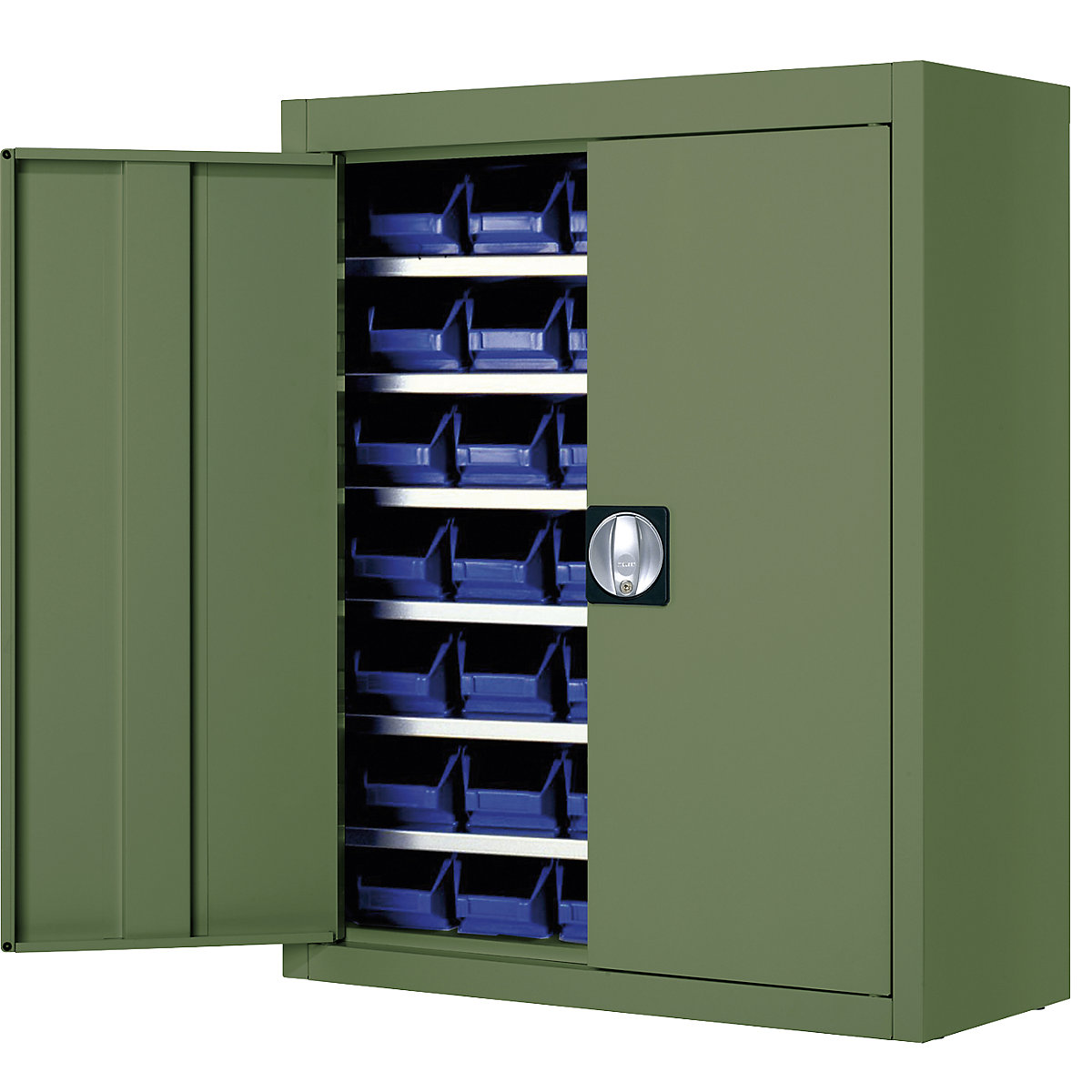 Storage cupboard with open fronted storage bins – mauser, HxWxD 820 x 680 x 280 mm, single colour, green, 42 bins-6