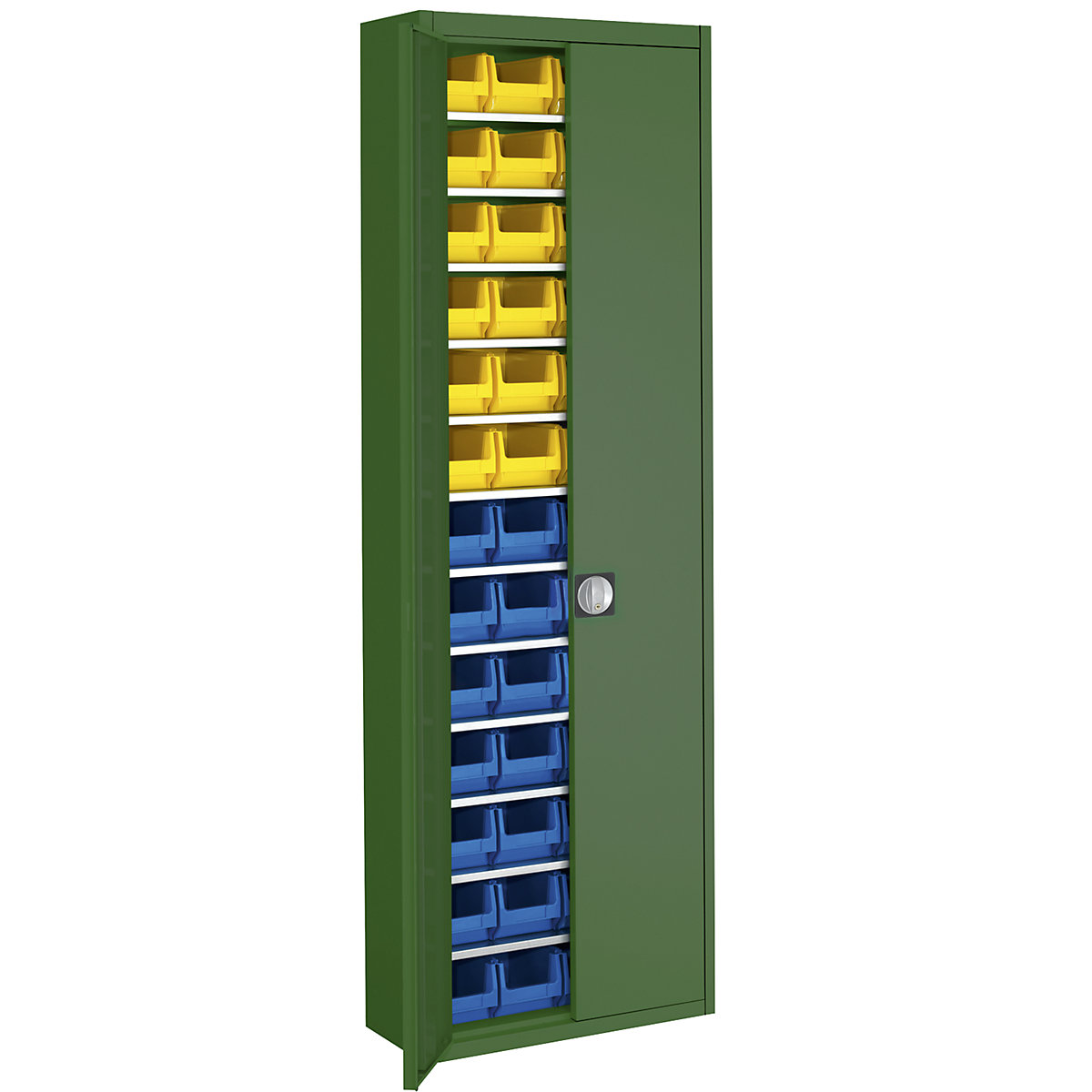 Storage cupboard with open fronted storage bins – mauser, HxWxD 2150 x 680 x 280 mm, single colour, green, 52 bins-5