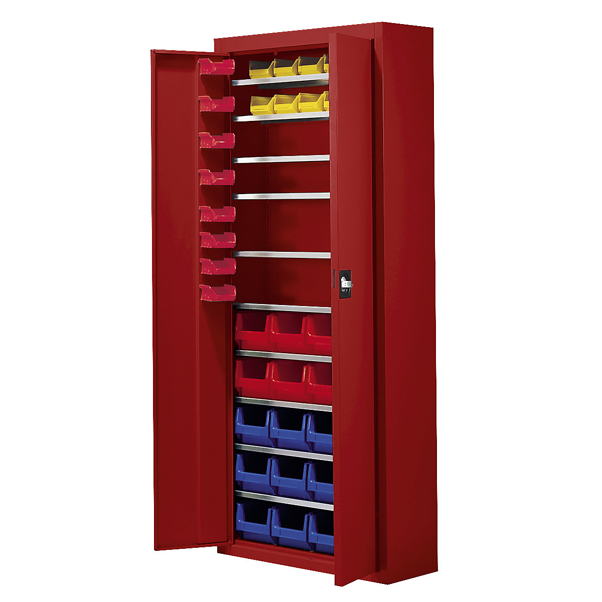 Storage cupboard with open fronted storage bins – mauser, HxWxD 1740 x 680 x 280 mm, 48 bins, single colour, flame red-1