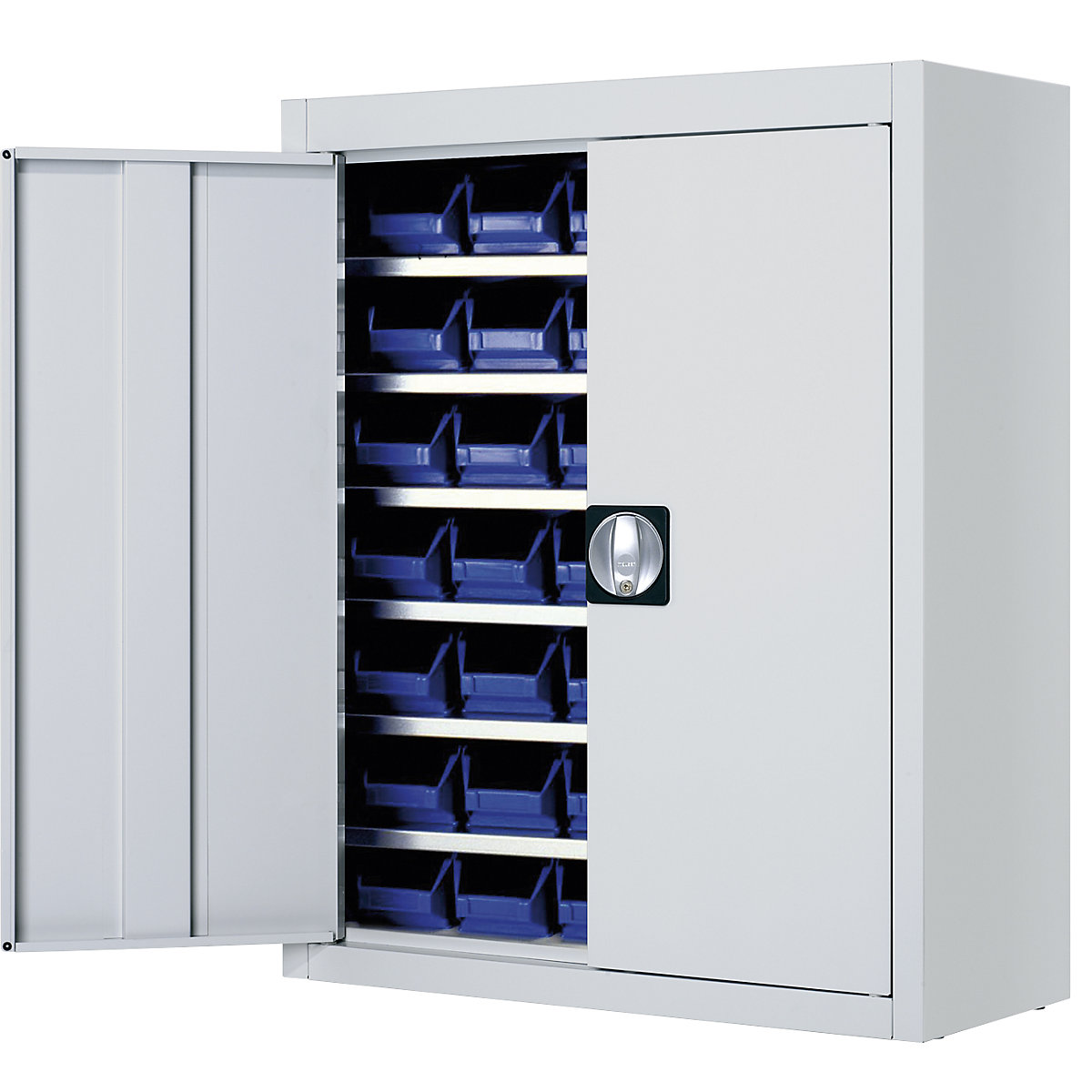 Storage cupboard with open fronted storage bins – mauser, HxWxD 820 x 680 x 280 mm, single colour, grey, 42 bins-3