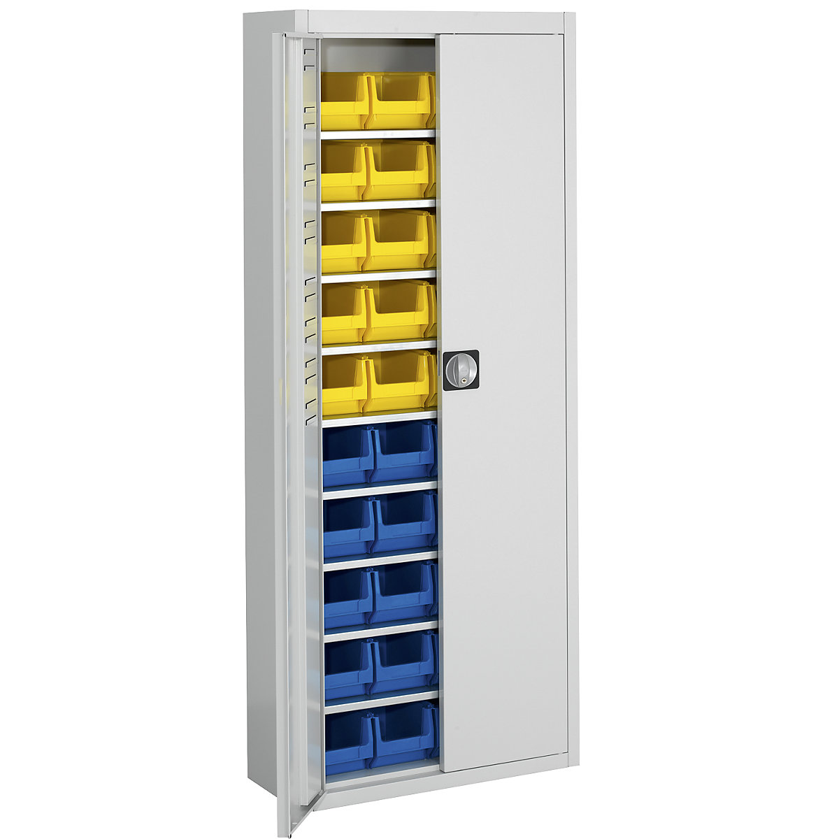 Storage cupboard with open fronted storage bins – mauser, HxWxD 1740 x 680 x 280 mm, single colour, grey, 40 bins-16