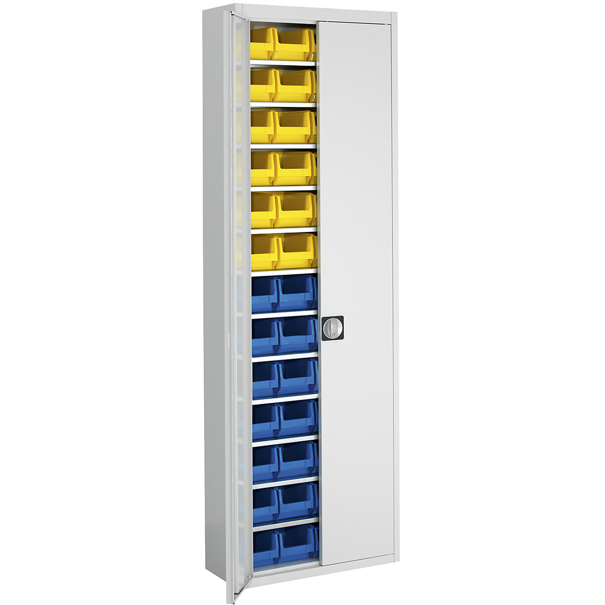 Storage cupboard with open fronted storage bins – mauser, HxWxD 2150 x 680 x 280 mm, single colour, grey, 52 bins-2