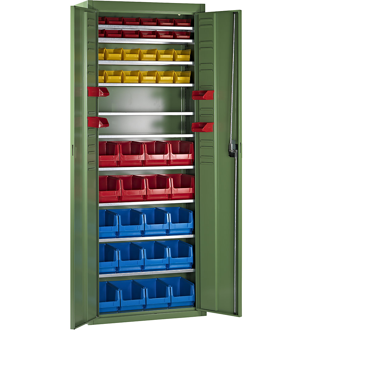 Storage cupboard with open fronted storage bins – mauser, HxWxD 1740 x 680 x 280 mm, 48 bins, single colour, reseda green, 3+ items-3