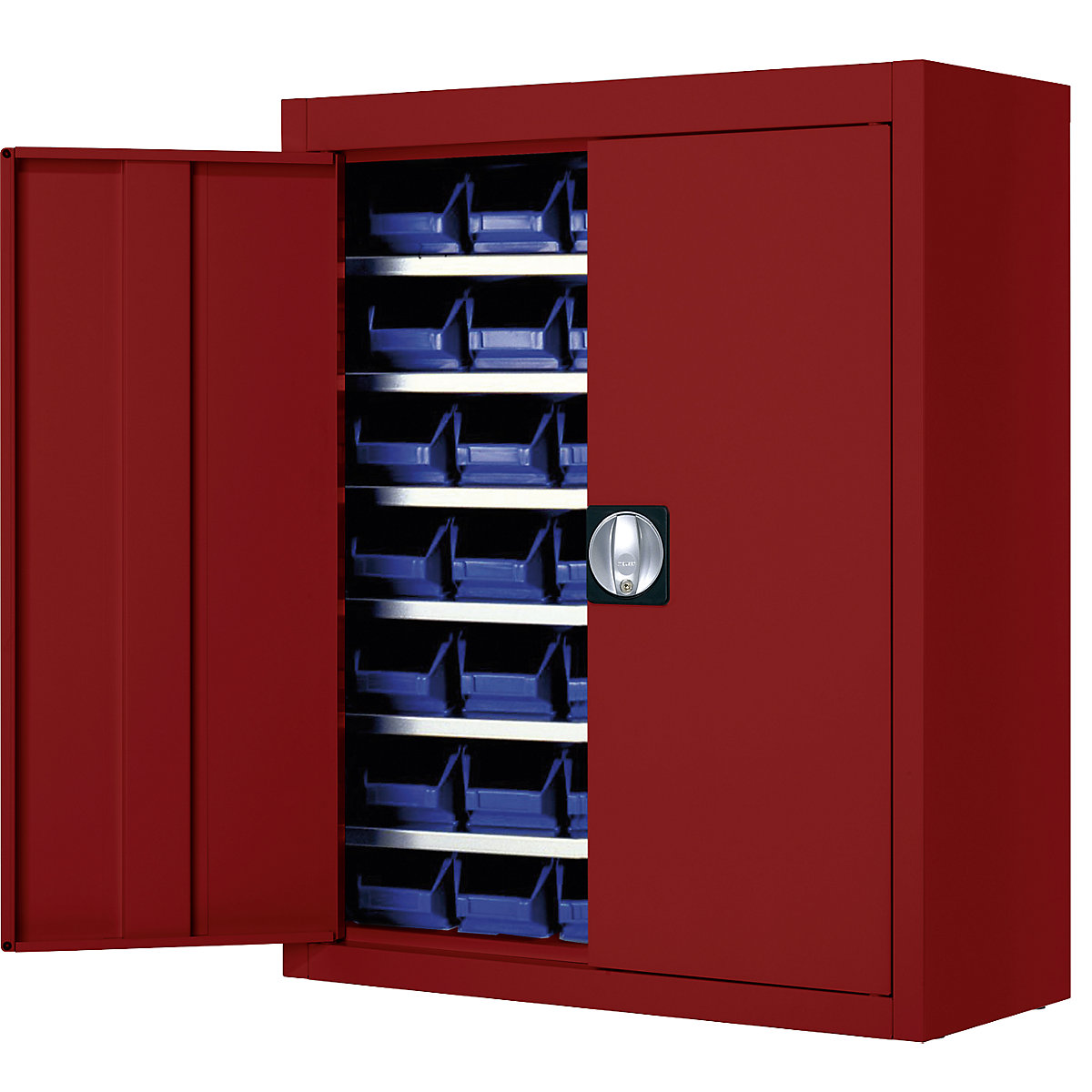 Storage cupboard with open fronted storage bins – mauser, HxWxD 820 x 680 x 280 mm, single colour, red, 42 bins-5
