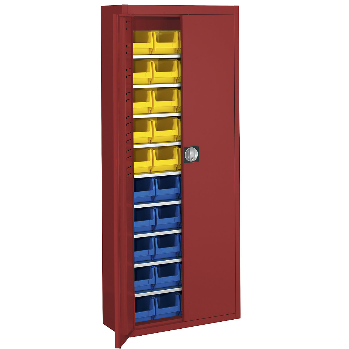 Storage cupboard with open fronted storage bins – mauser, HxWxD 1740 x 680 x 280 mm, single colour, red, 40 bins-5