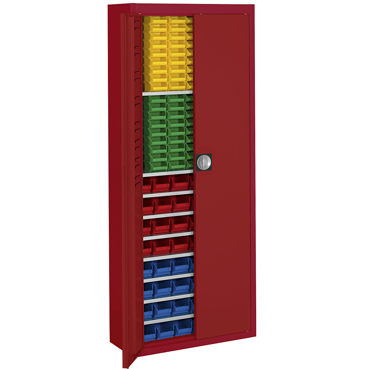 Storage cupboard with open fronted storage bins – mauser, HxWxD 1740 x 680 x 280 mm, single colour, red, 138 bins-2