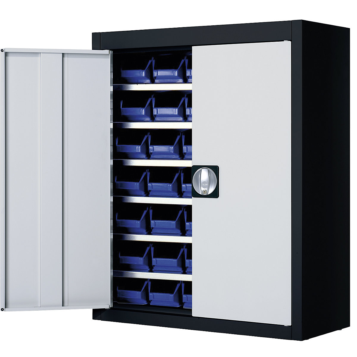 Storage cupboard with open fronted storage bins – mauser, HxWxD 820 x 680 x 280 mm, two-colour, black body, grey doors, 42 bins-6