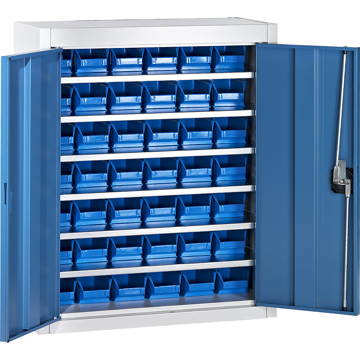 Storage cupboard with open fronted storage bins – mauser, HxWxD 820 x 680 x 280 mm, two-colour, grey body, blue doors, 42 bins, 3+ items-3
