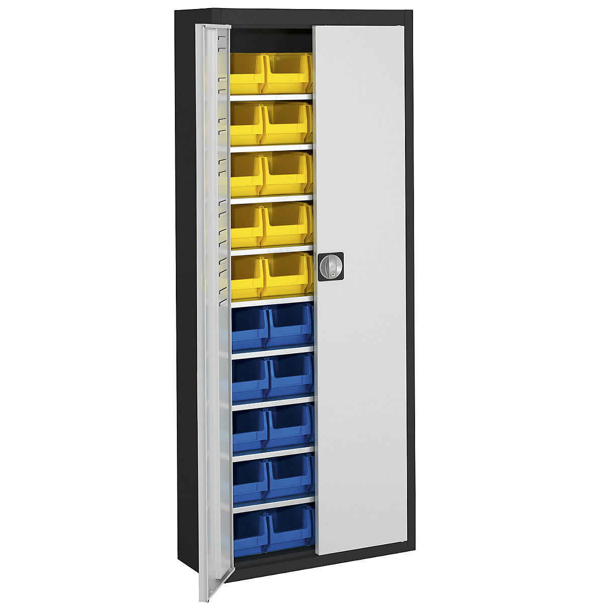 Storage cupboard with open fronted storage bins – mauser, HxWxD 1740 x 680 x 280 mm, two-colour, black body, grey doors, 40 bins-13