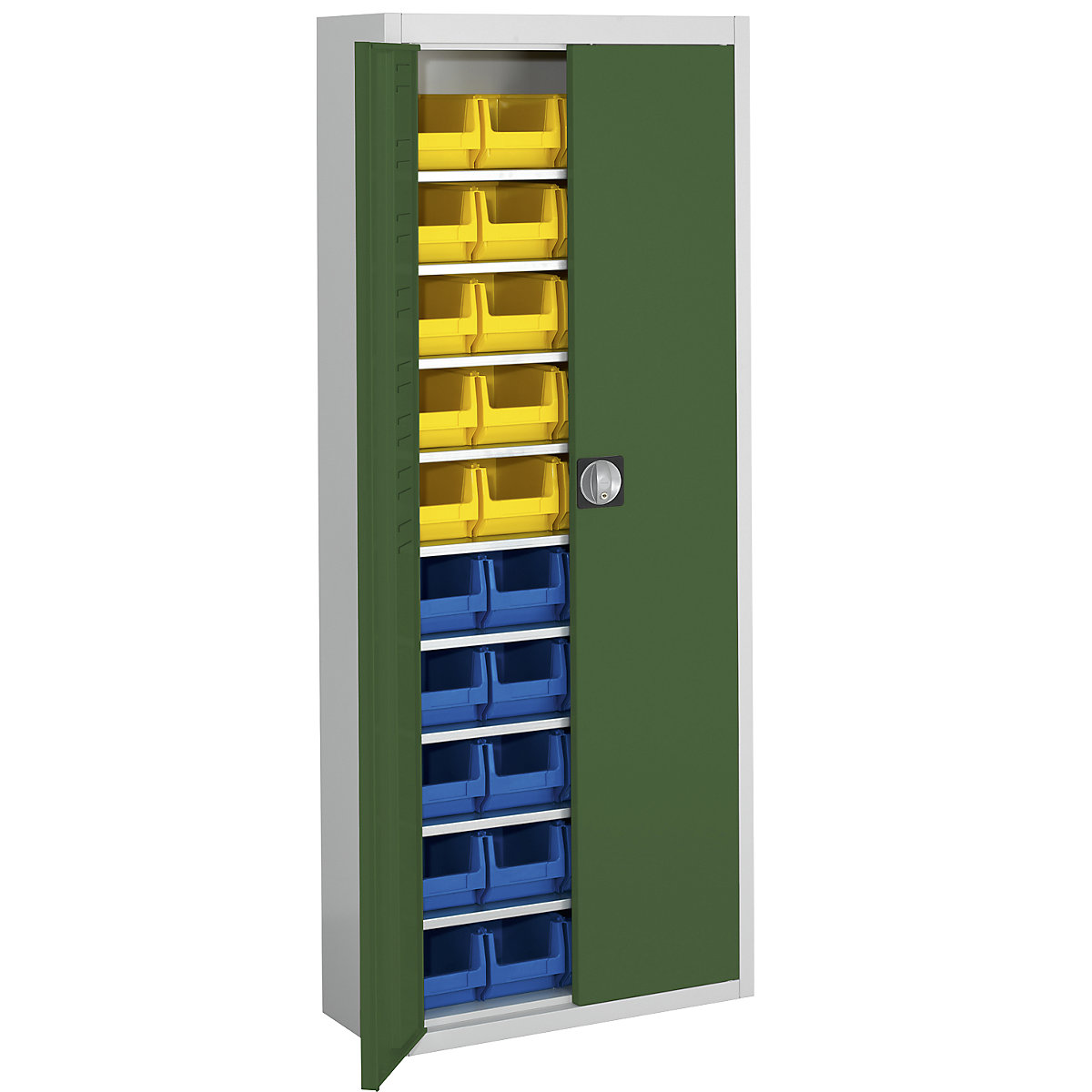 Storage cupboard with open fronted storage bins – mauser, HxWxD 1740 x 680 x 280 mm, two-colour, grey body, green doors, 40 bins-9