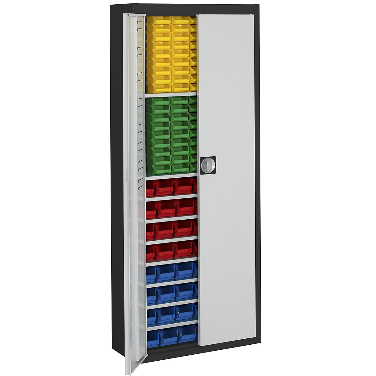 Storage cupboard with open fronted storage bins – mauser, HxWxD 1740 x 680 x 280 mm, two-colour, black body, grey doors, 138 bins-16