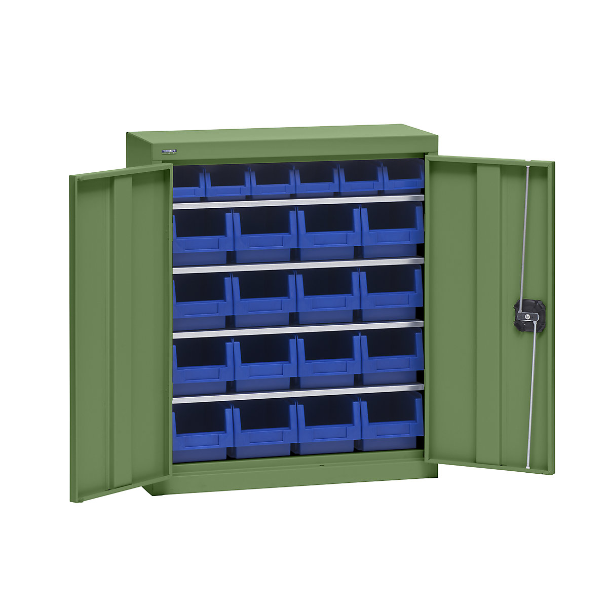 Storage cupboard with storage boxes – eurokraft pro, height 780 mm, 4 shelves, reseda green-4