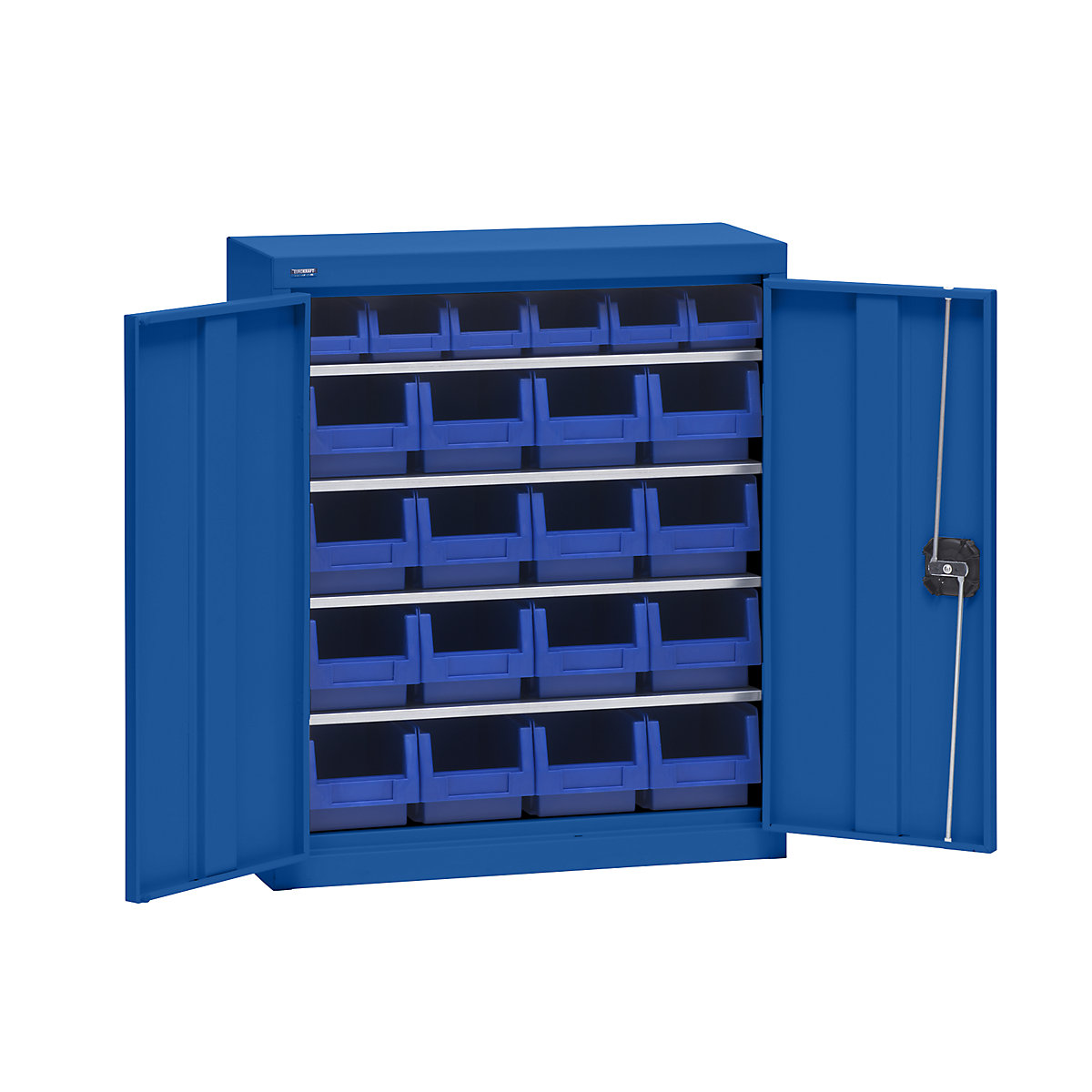 Storage cupboard with storage boxes – eurokraft pro, height 780 mm, 4 shelves, gentian blue-6