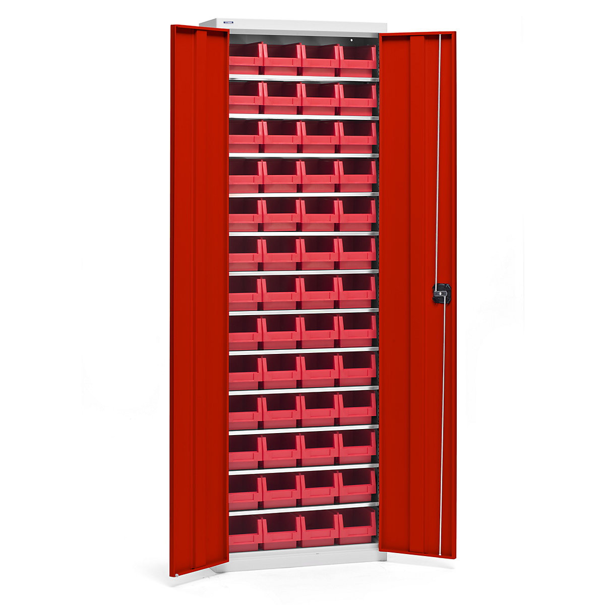 Storage cupboard with storage boxes – eurokraft pro, height 2000 mm, 12 shelves, light grey / traffic red-7