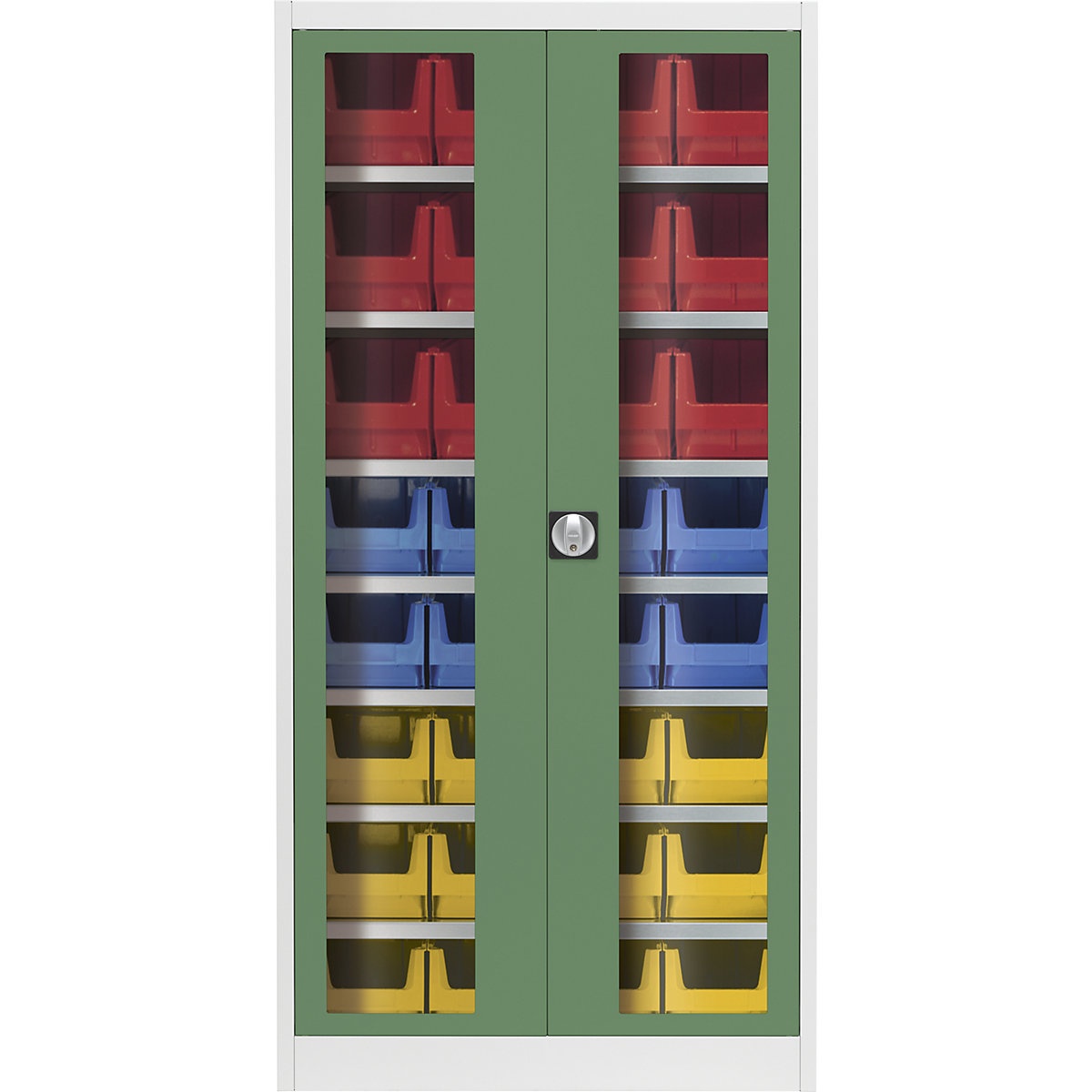Vision panel double door cupboard – mauser, with 32 open fronted storage bins, light grey / reseda green-7