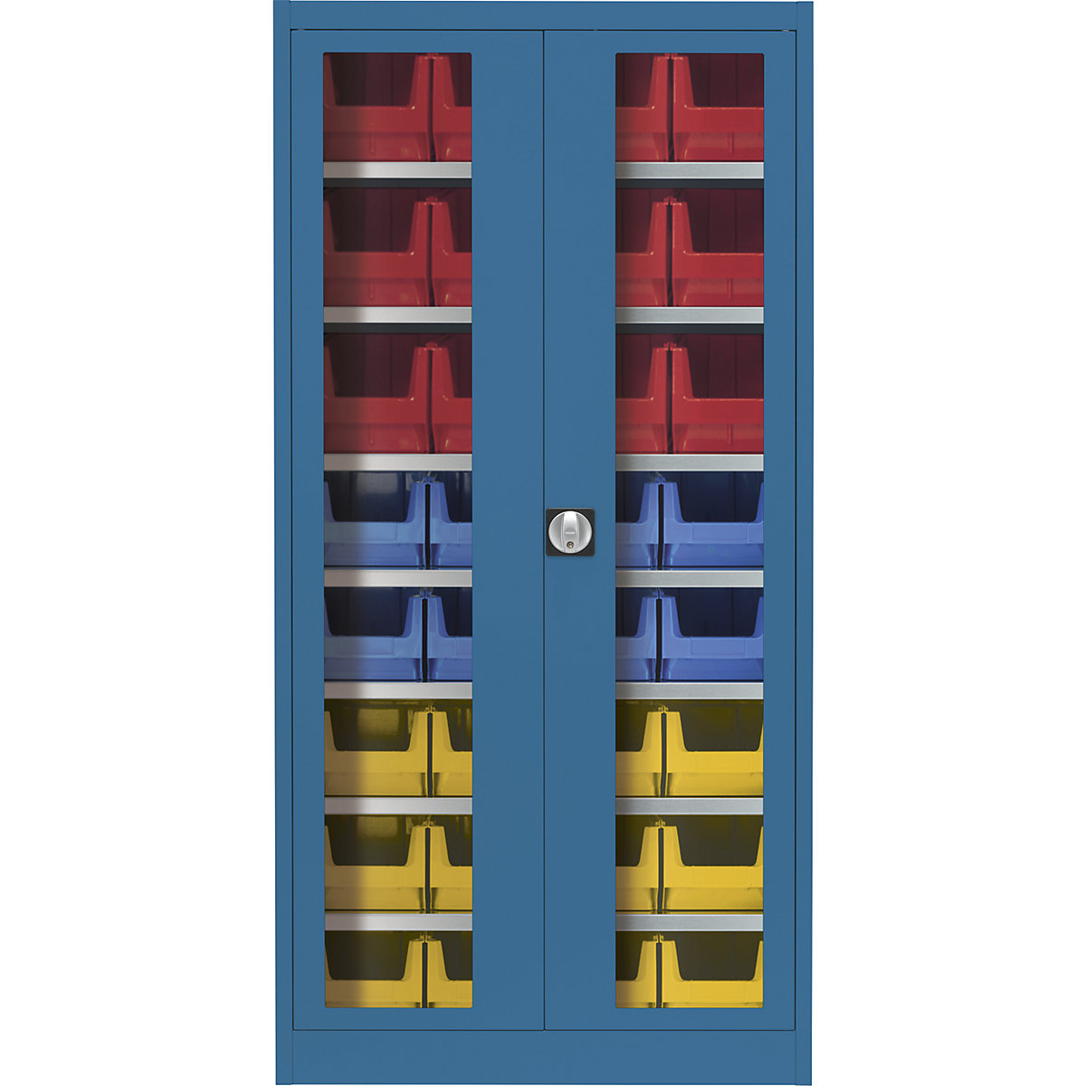 Vision panel double door cupboard – mauser, with 32 open fronted storage bins, brilliant blue-2