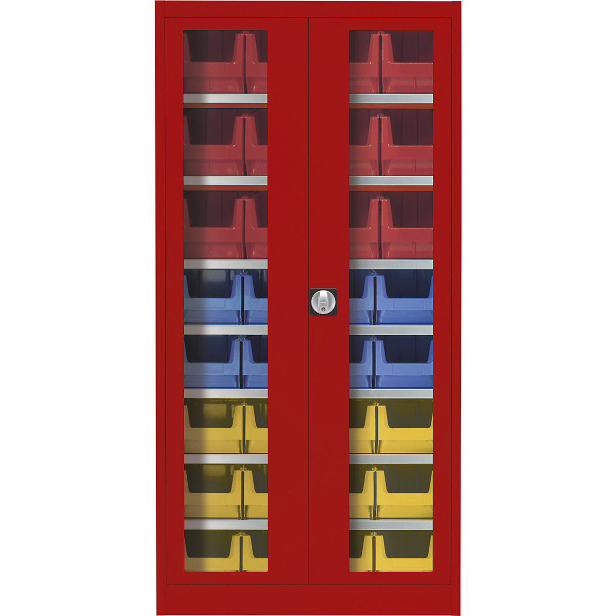 Vision panel double door cupboard – mauser, with 32 open fronted storage bins, flame red-8