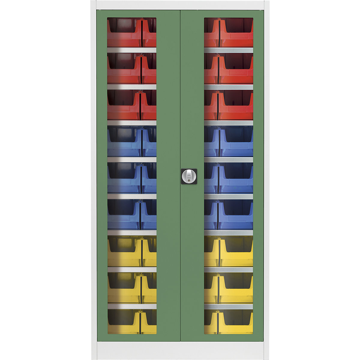 Vision panel double door cupboard – mauser, with 36 open fronted storage bins, light grey / reseda green-2