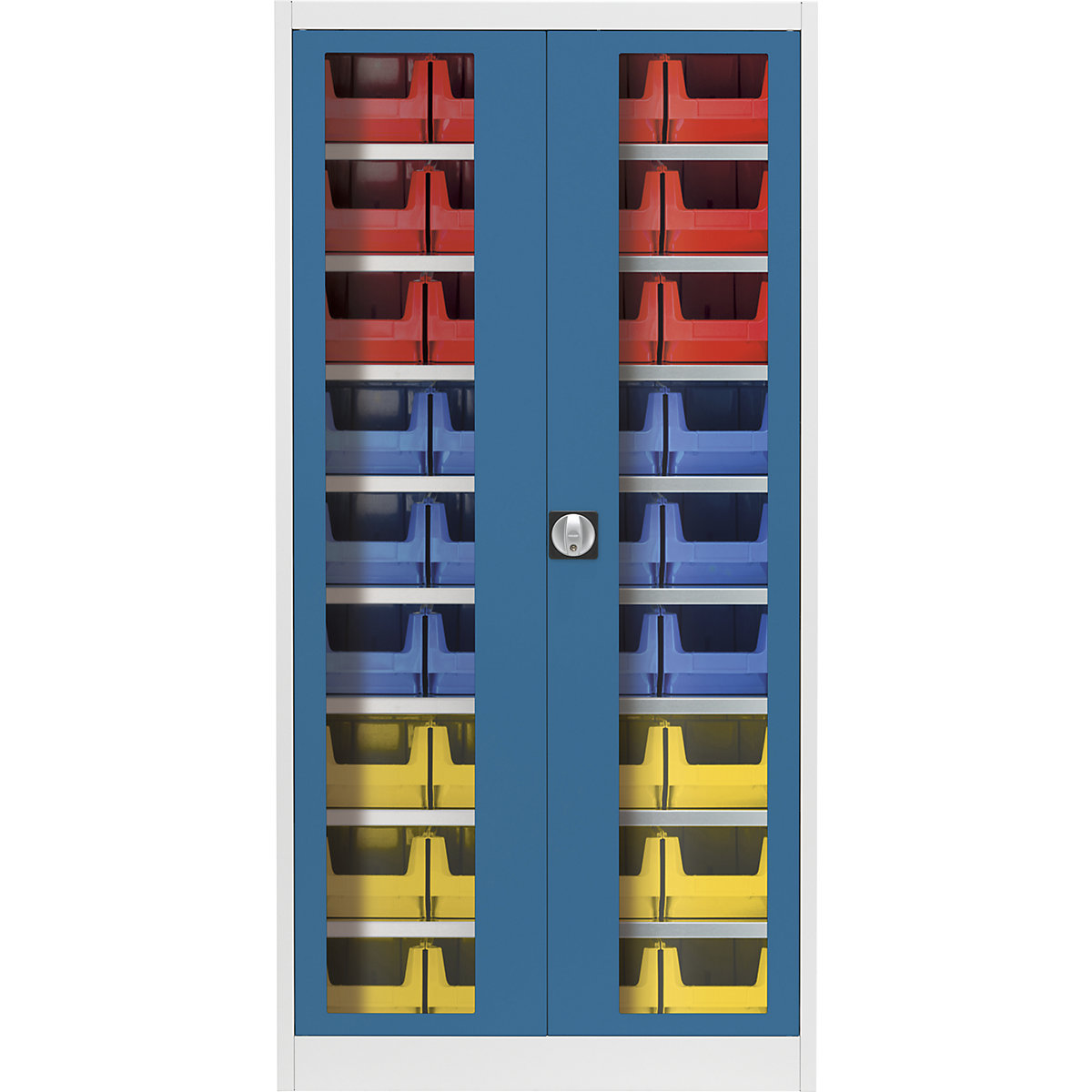 Vision panel double door cupboard – mauser, with 36 open fronted storage bins, light grey / brilliant blue-7