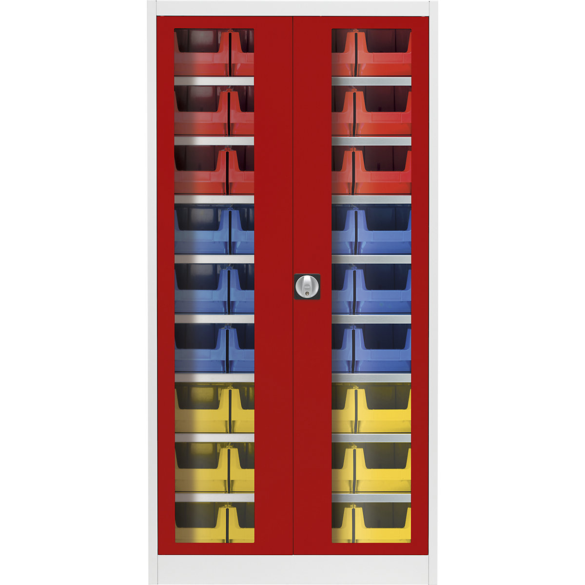 Vision panel double door cupboard – mauser, with 36 open fronted storage bins, light grey / flame red-3