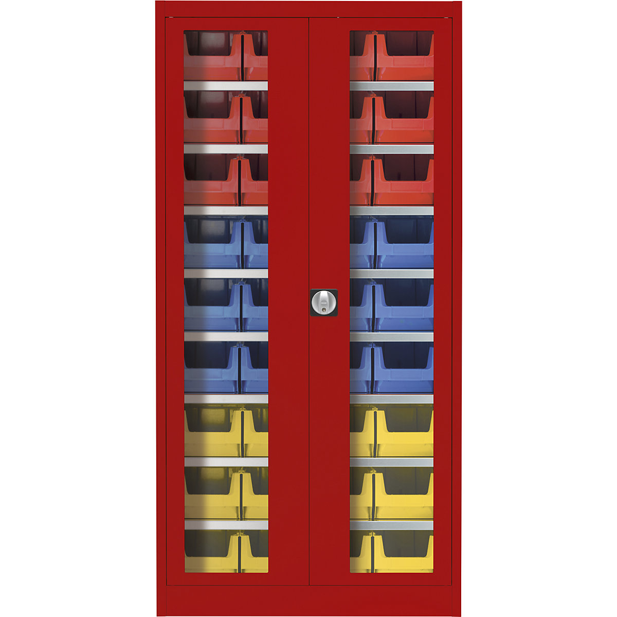 Vision panel double door cupboard – mauser, with 36 open fronted storage bins, flame red-8