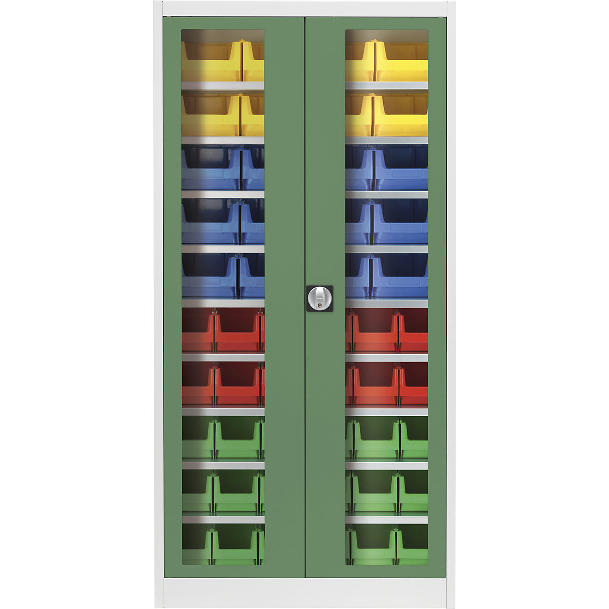 Vision panel double door cupboard – mauser, with 50 open fronted storage bins, light grey / reseda green-4