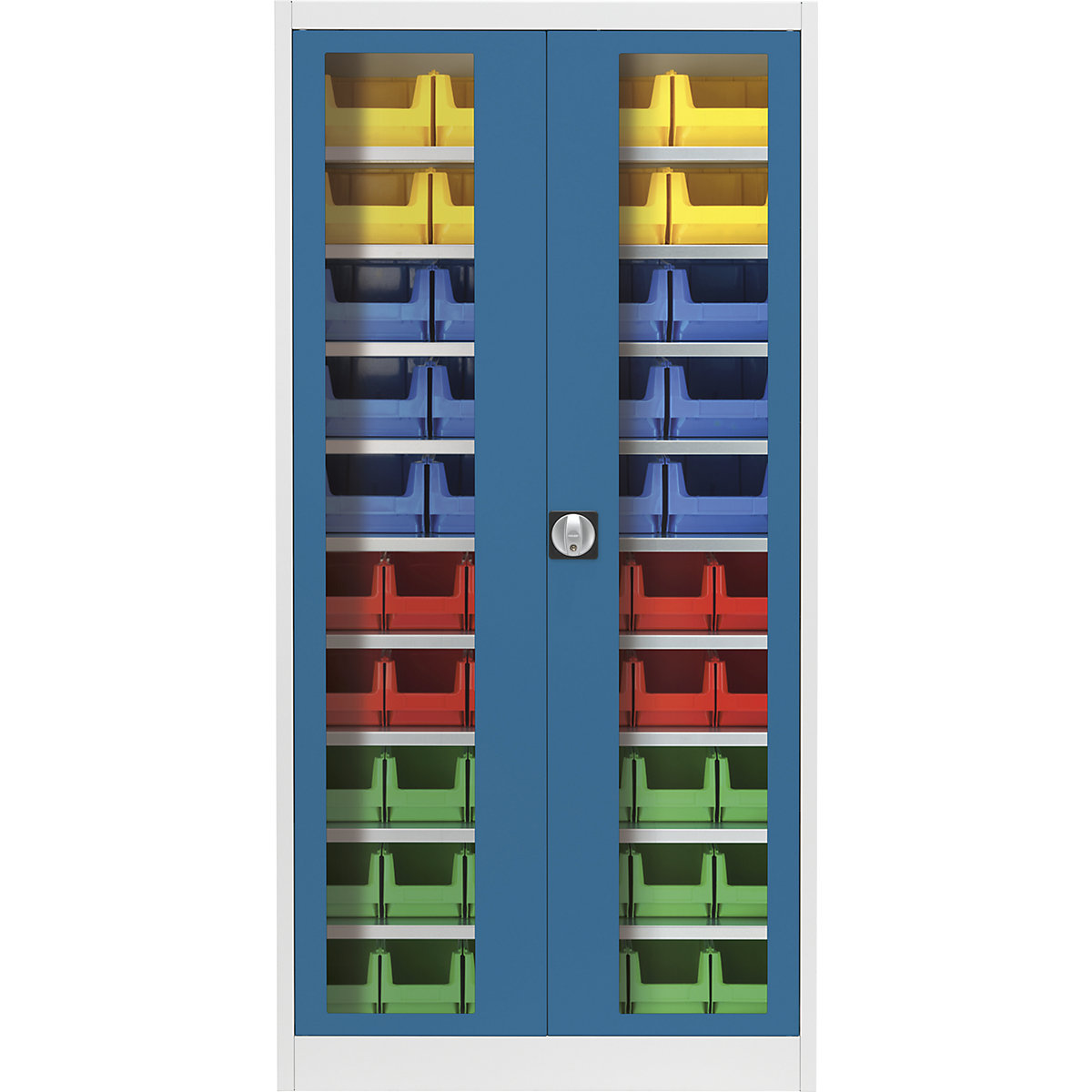 Vision panel double door cupboard – mauser, with 50 open fronted storage bins, light grey / brilliant blue-7