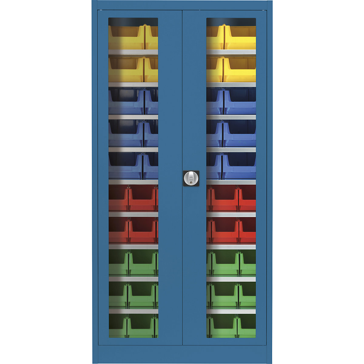 Vision panel double door cupboard – mauser, with 50 open fronted storage bins, brilliant blue-6