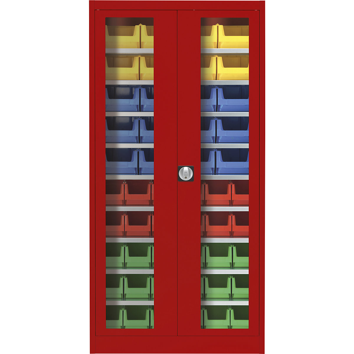 Vision panel double door cupboard – mauser, with 50 open fronted storage bins, flame red-2