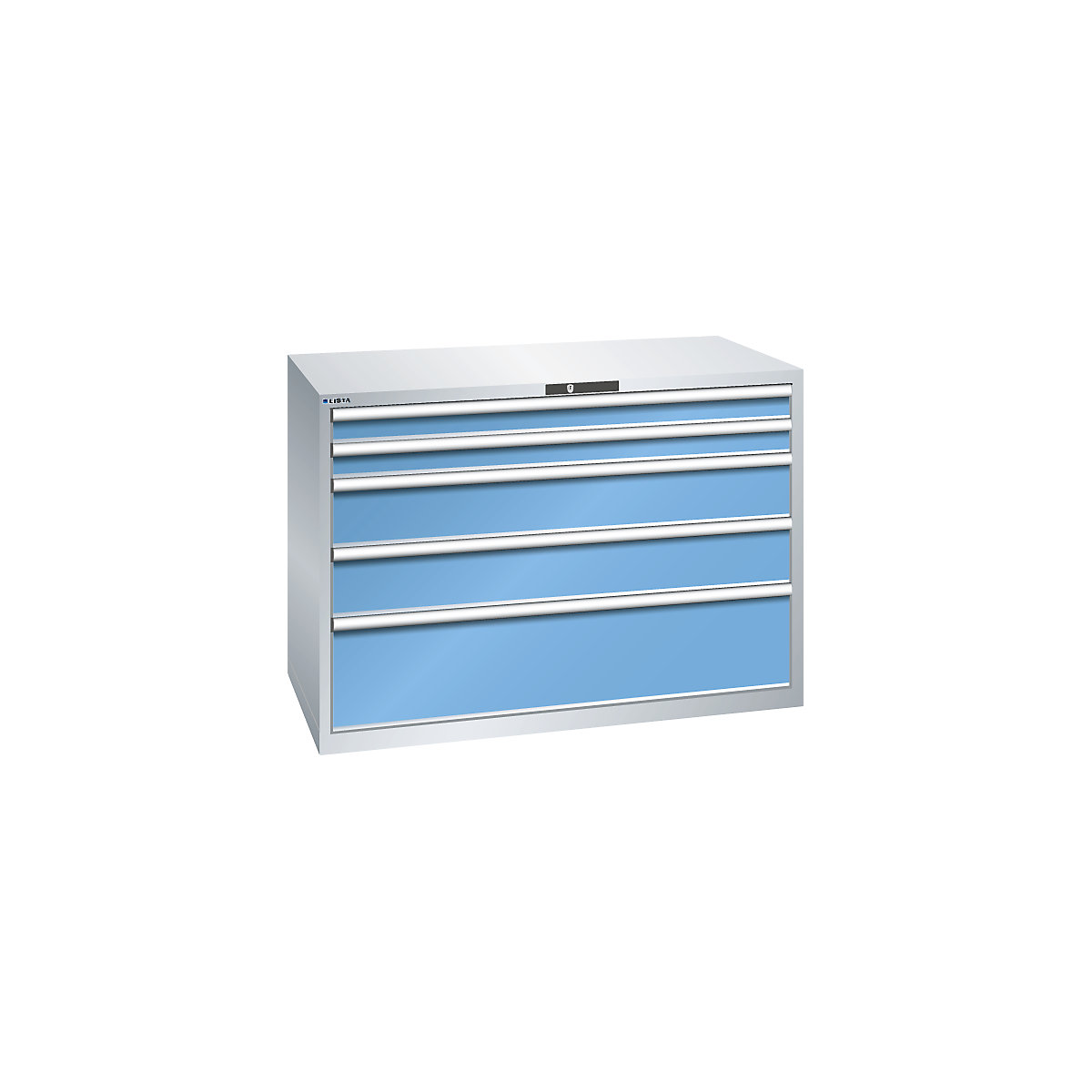 Drawer cupboard, 5 drawers – LISTA, WxDxH 1431 x 725 x 1000 mm, light grey / light blue-12