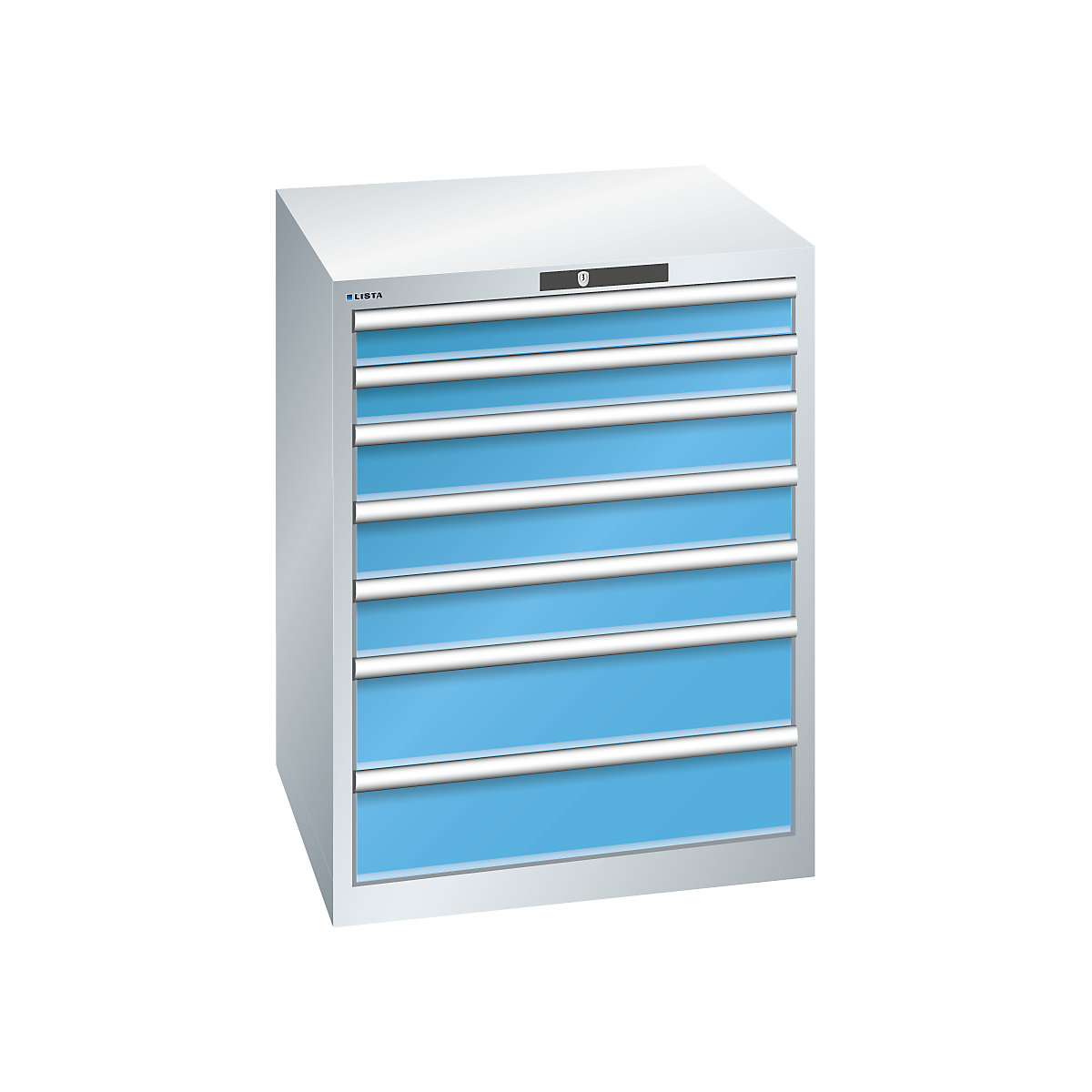 Drawer cupboard, 7 drawers – LISTA, WxDxH 717 x 725 x 850 mm, max. load 75 kg, light grey / light blue-10