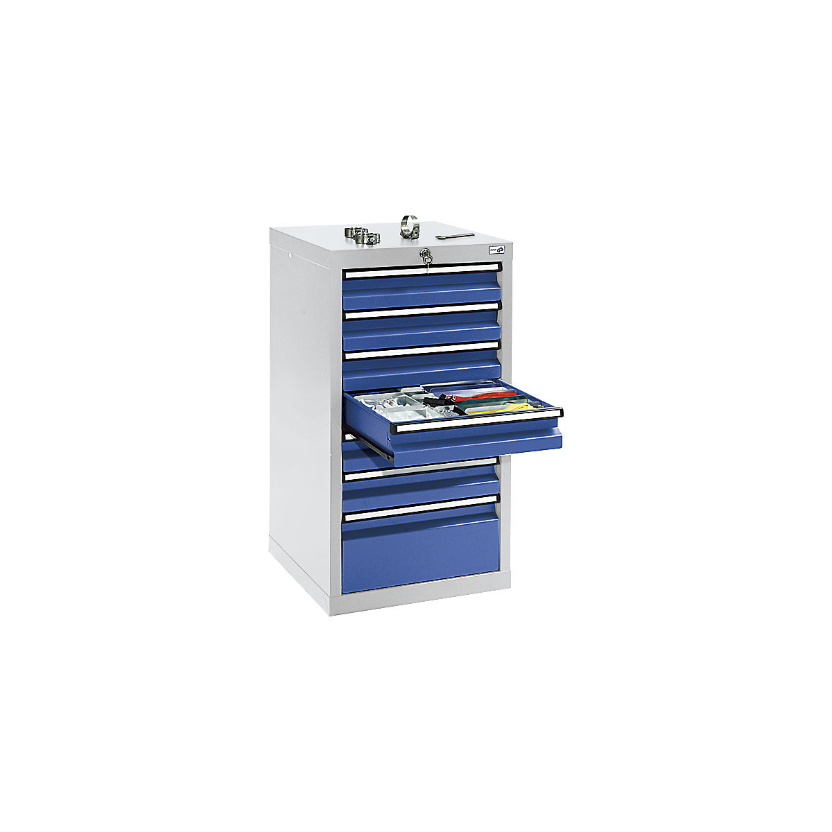 Drawer cupboard, HxWxD 900 x 500 x 500 mm, 6 x 100 mm drawers, 1 x 200 mm high drawer, light grey body, gentian blue drawers-8