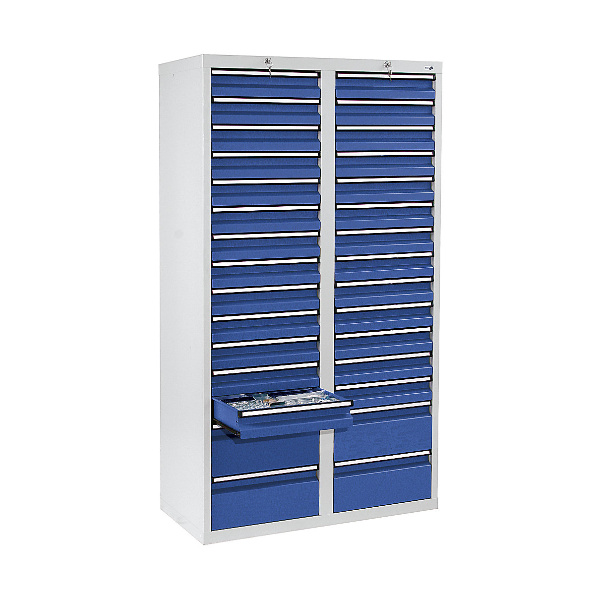 Drawer cupboard, HxWxD 1800 x 1000 x 500 mm, 26 x 100 mm drawers, 4 x 200 mm high drawers, grey body, gentian blue drawers-8