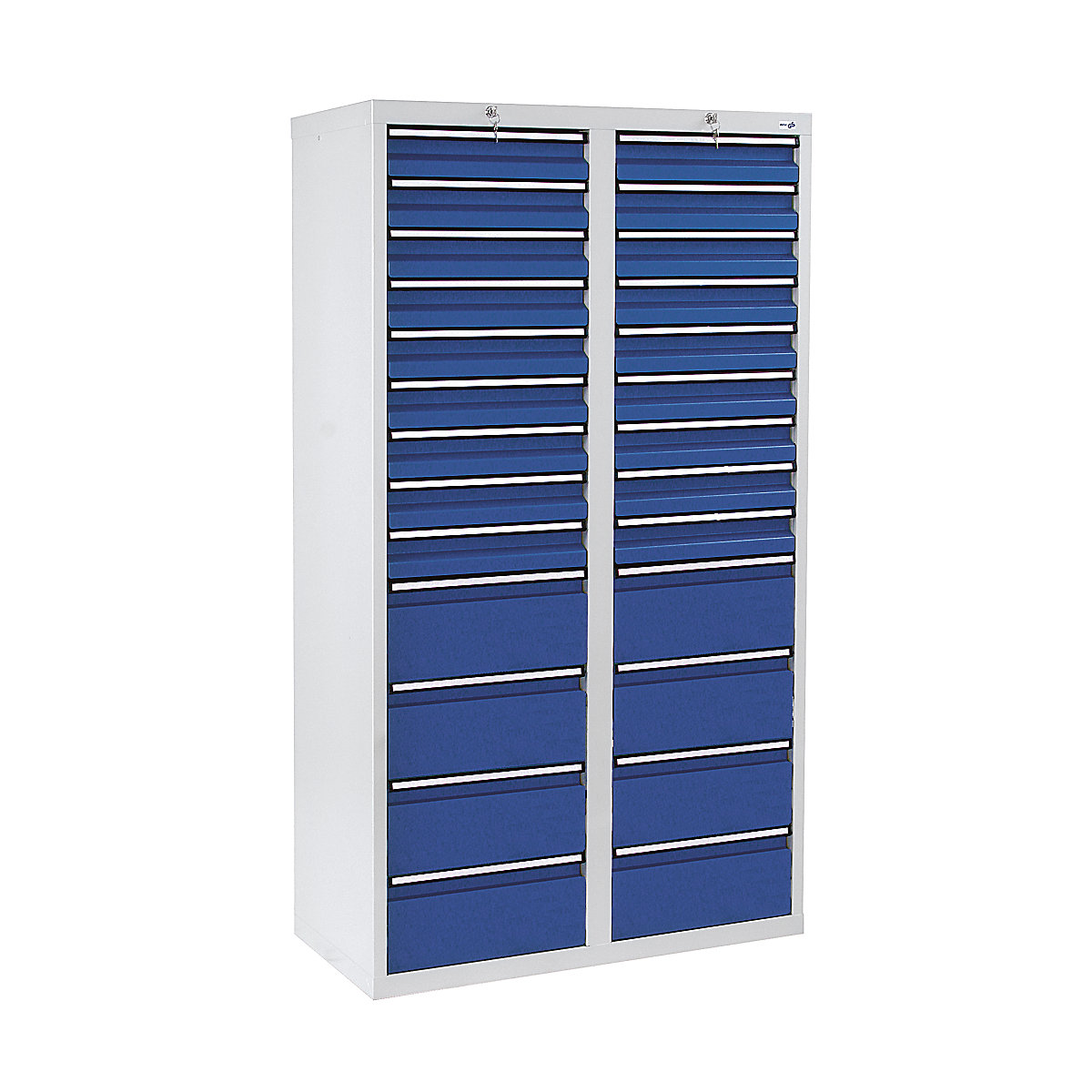 Drawer cupboard, HxWxD 1800 x 1000 x 500 mm, 18 x 100 mm drawers, 8 x 200 mm high drawers, grey body, gentian blue drawers-8