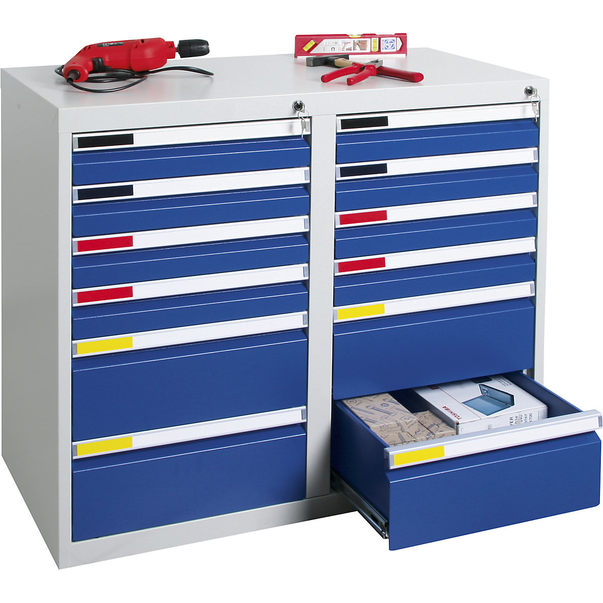 Drawer cupboard, width 1000 mm, 12 drawers, light grey / gentian blue-12
