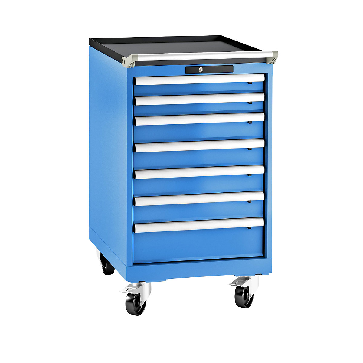 Drawer cupboard, sheet steel – LISTA, HxW 990 x 564 mm, 7 drawers, mobile, light blue-18