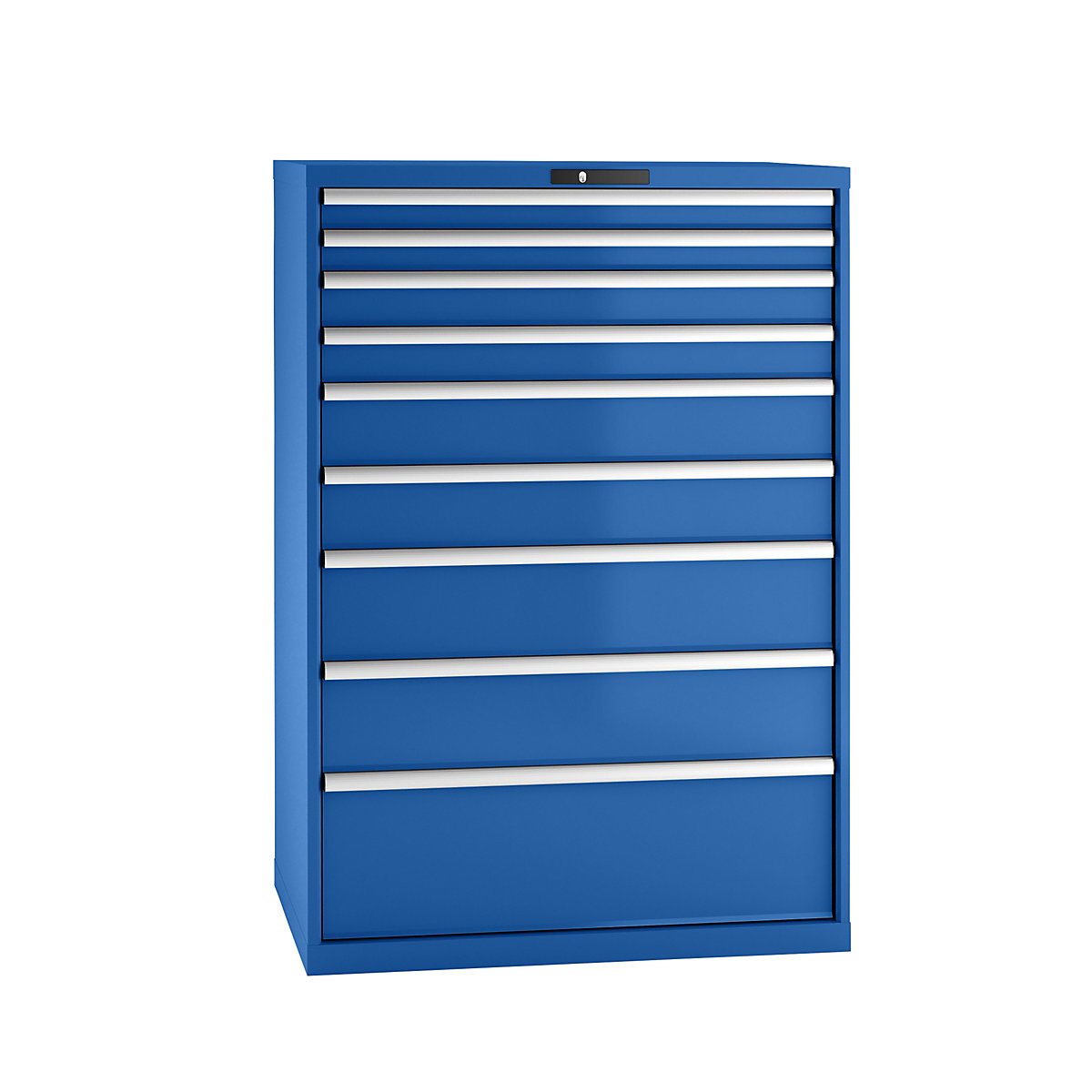 Drawer cupboard, sheet steel – LISTA, HxW 1450 x 1023 mm, 9 drawers, max. load 75 kg, gentian blue-17