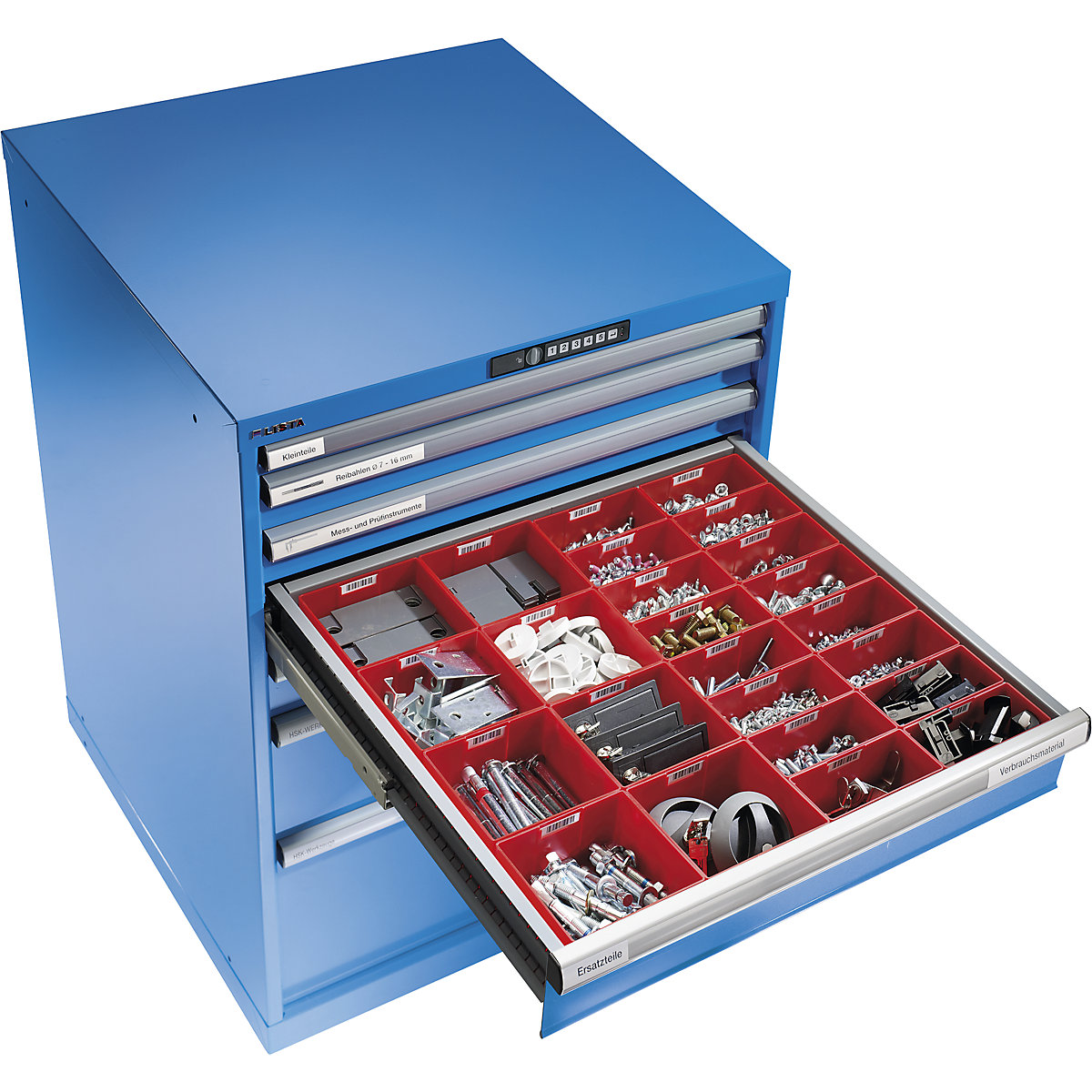 Drawer cupboard, sheet steel – LISTA, HxW 1000 x 717 mm, 7 drawers, light blue-12