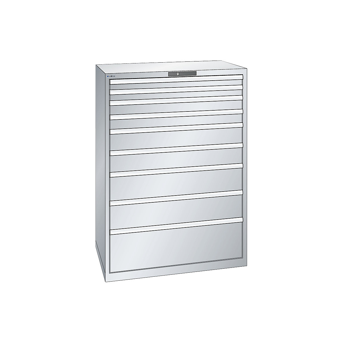Drawer cupboard, sheet steel – LISTA, HxW 1450 x 1023 mm, 9 drawers, max. load 200 kg, light grey-1