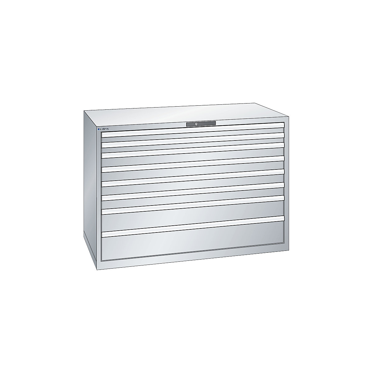 Drawer cupboard, sheet steel – LISTA, HxW 1000 x 1431 mm, 8 drawers, max. load 200 kg, light grey-1