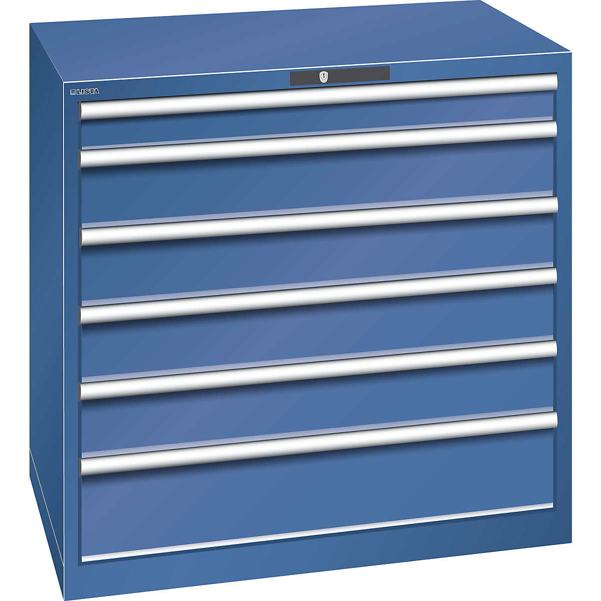 Drawer cupboard, sheet steel – LISTA, HxW 1000 x 1023 mm, 6 drawers, max. load 200 kg, gentian blue-9