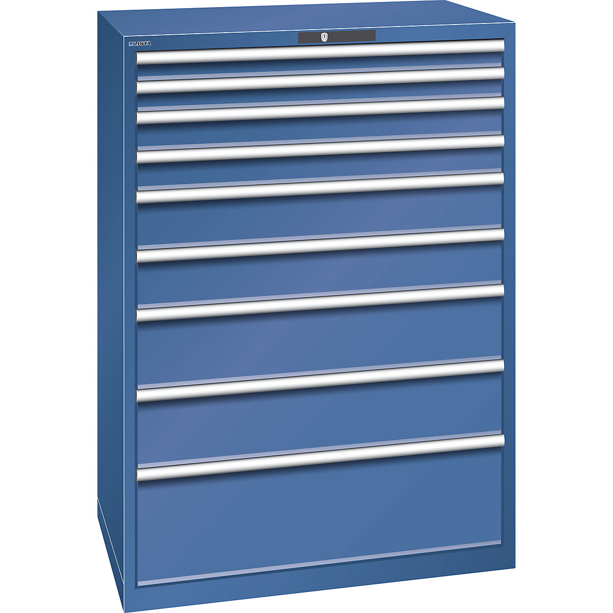 Drawer cupboard, sheet steel – LISTA, HxW 1450 x 1023 mm, 9 drawers, max. load 200 kg, gentian blue-15