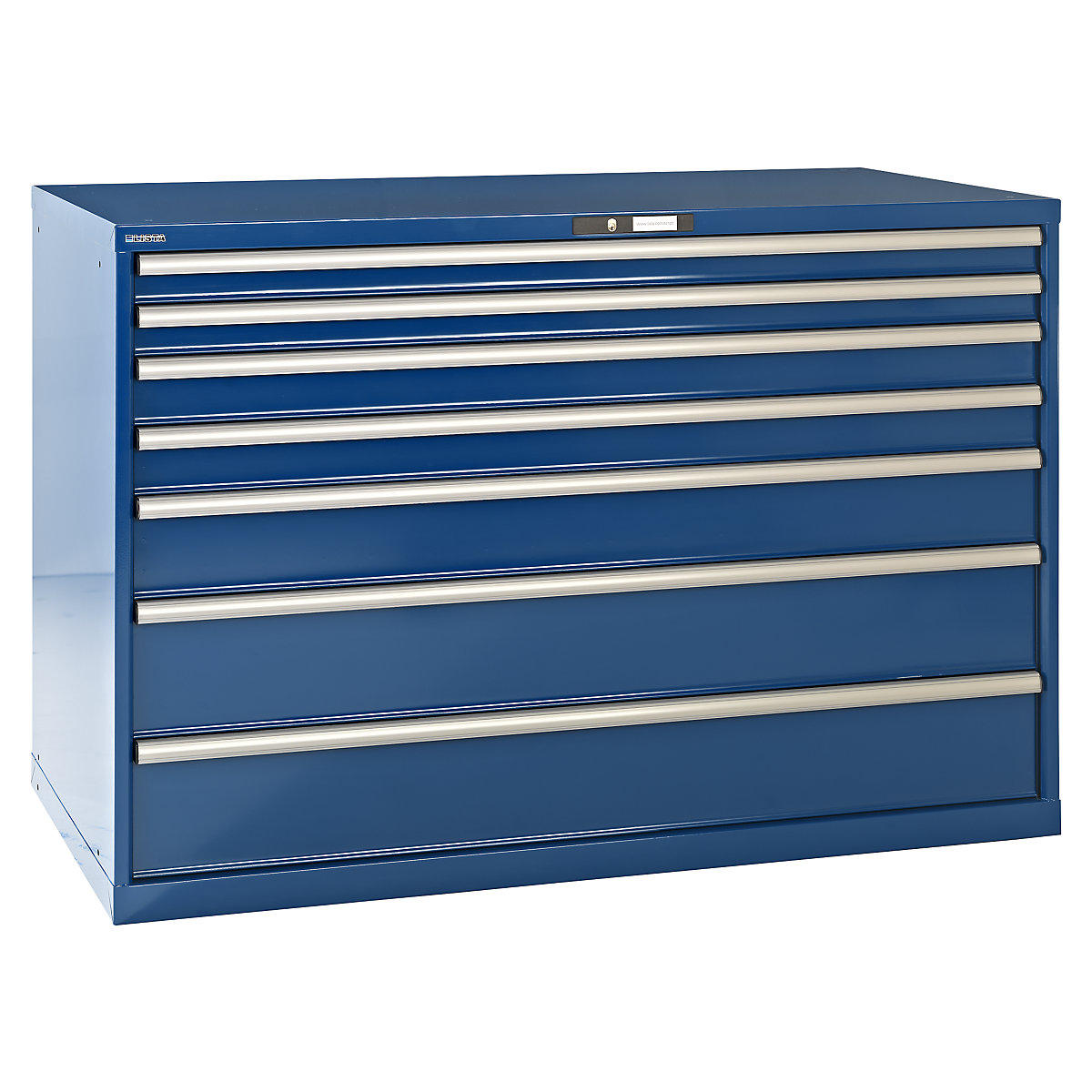 Drawer cupboard, sheet steel – LISTA, HxW 1000 x 1431 mm, 7 drawers, max. load 200 kg, gentian blue-12