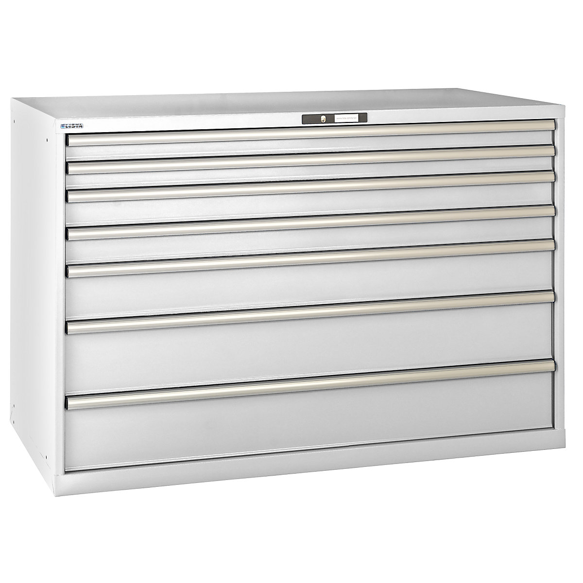 Drawer cupboard, sheet steel – LISTA, HxW 1000 x 1431 mm, 7 drawers, max. load 200 kg, light grey-9