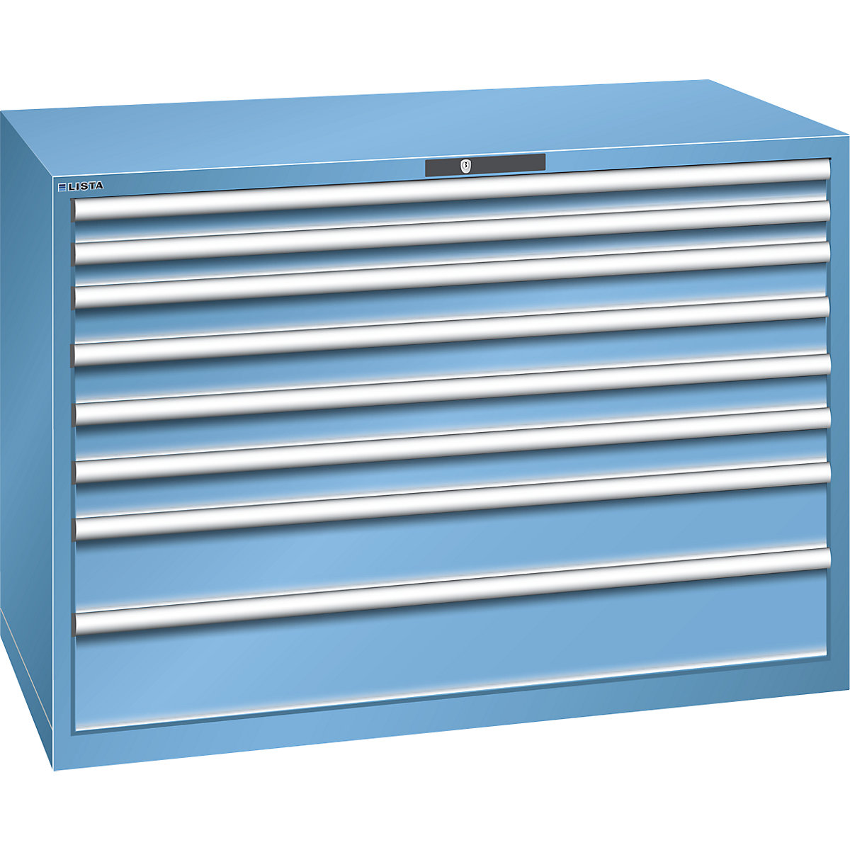 Drawer cupboard, sheet steel – LISTA, HxW 1000 x 1431 mm, 8 drawers, max. load 200 kg, light blue-7