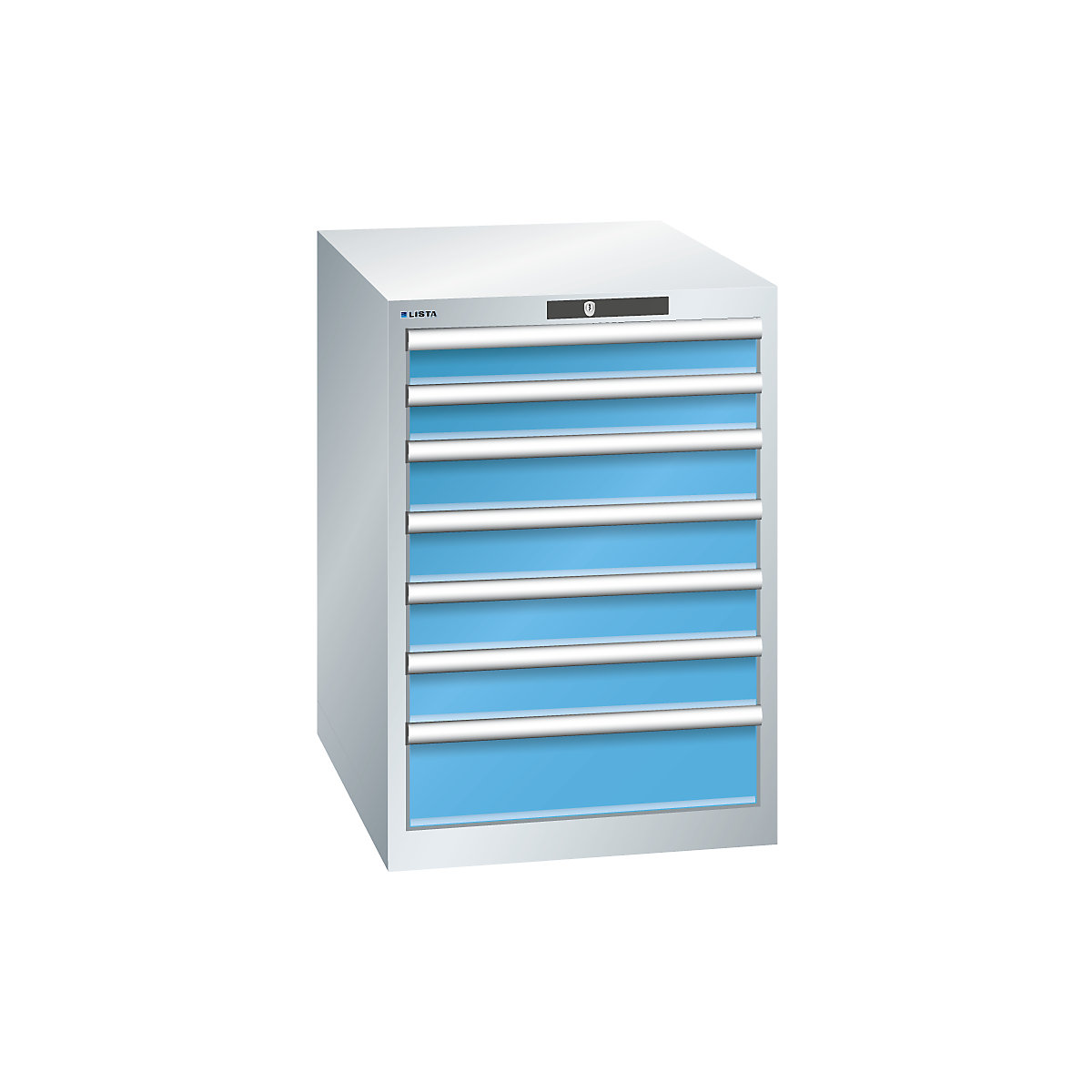 Drawer cupboard, sheet steel – LISTA, HxW 800 x 564 mm, 7 drawers, light grey / light blue-11